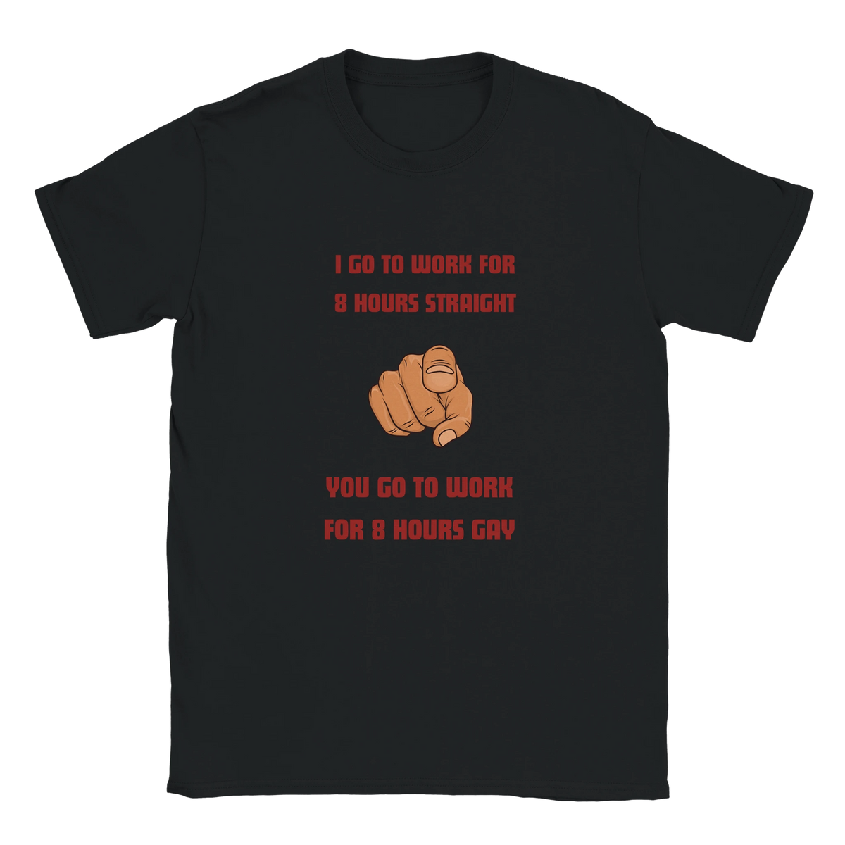 Svart t-shirt med rund hals och rött text- och handgesttryck fram.