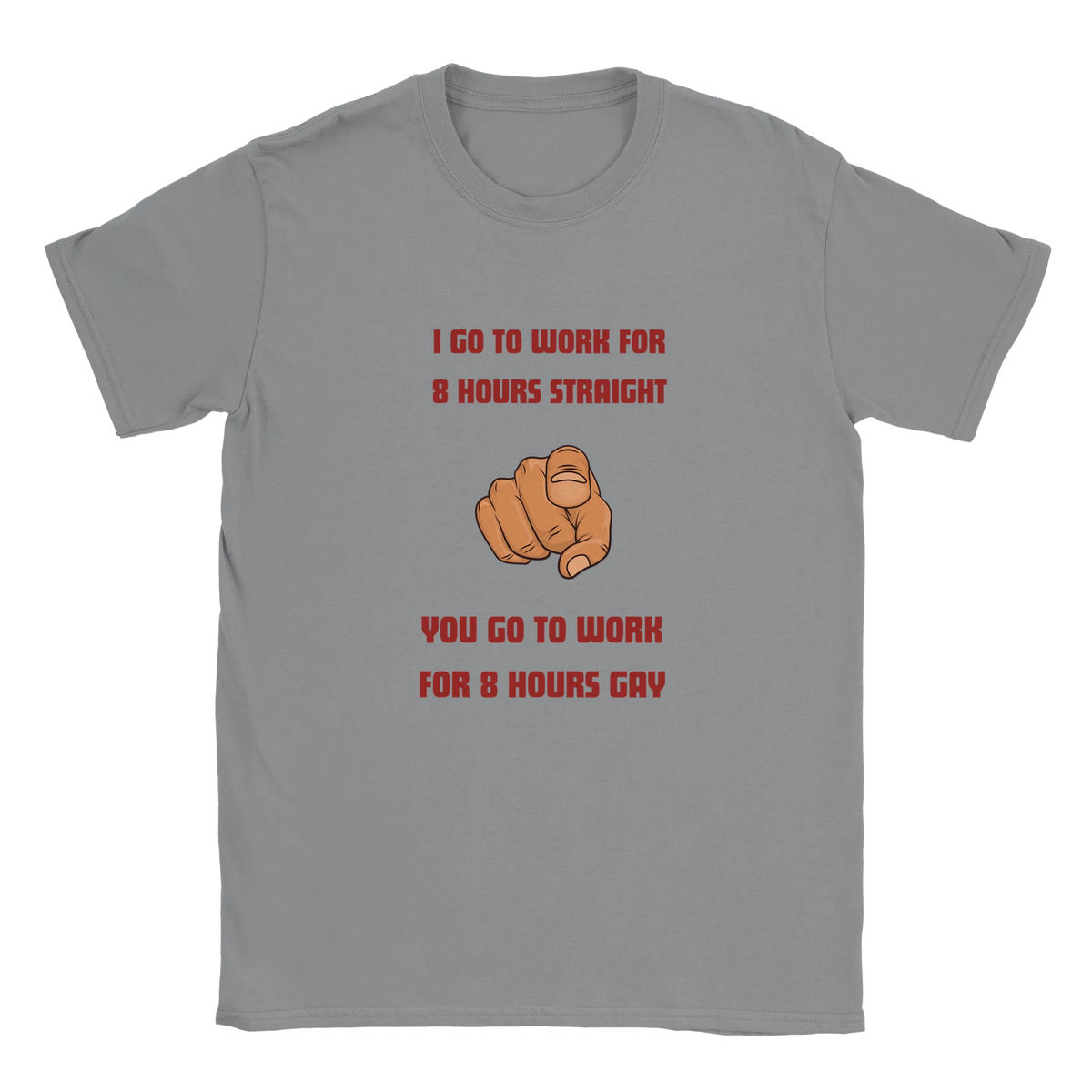 Grå t-shirt med rund hals och rött text- och handgesttryck fram.