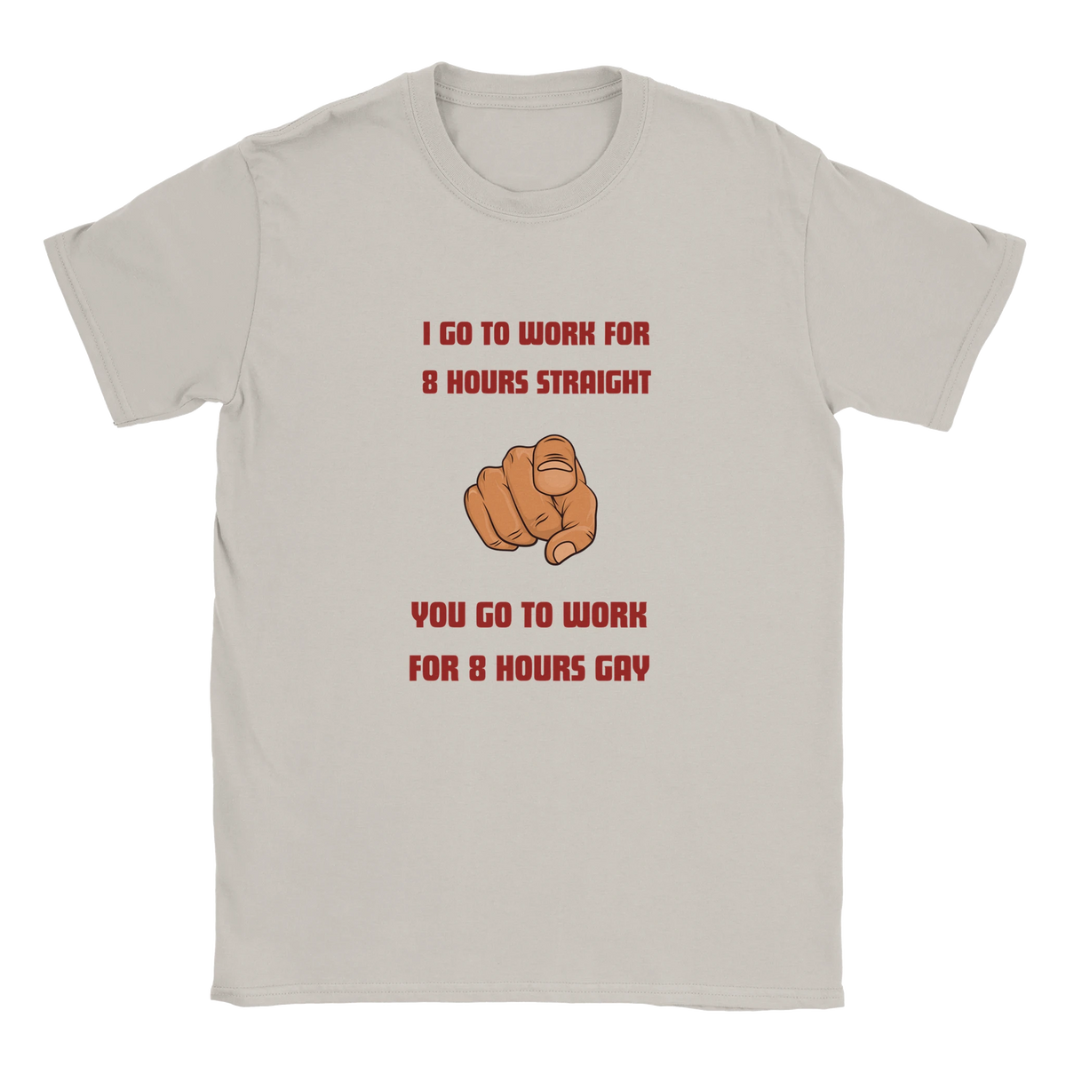 Ljusgrå t-shirt med rund hals och rött text- och handgesttryck fram.