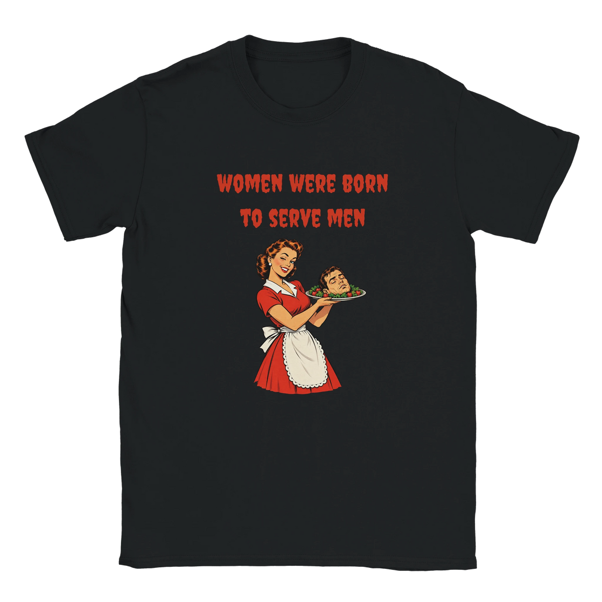 Svart dam t-shirt med röd text och illustration fram