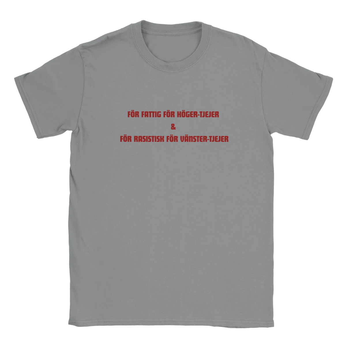 Grå t-shirt med rött tryck framtill och rund hals