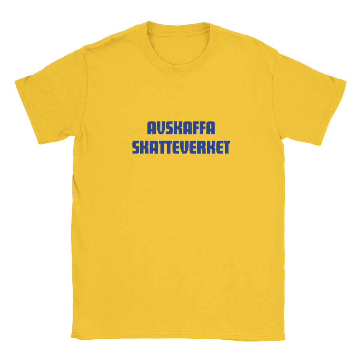 Gul t-shirt med blått tryck "AVSKAFFA SKATTEVERKET".