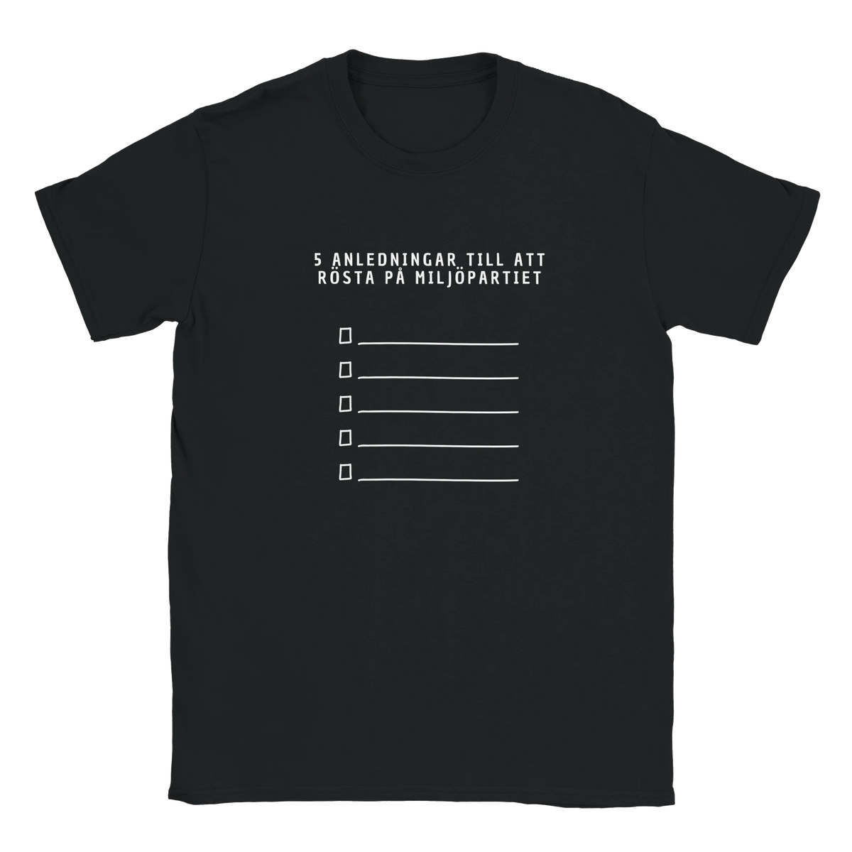 Svart t-shirt med texttryck och fem markeringsrader framtill