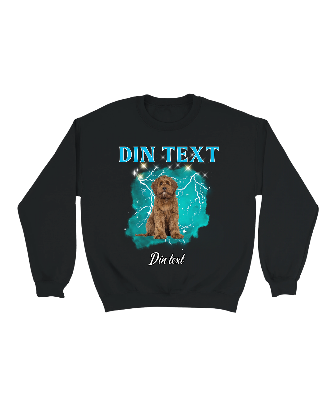 Svart sweatshirt med framtryck: blå text och hund med blixtar.