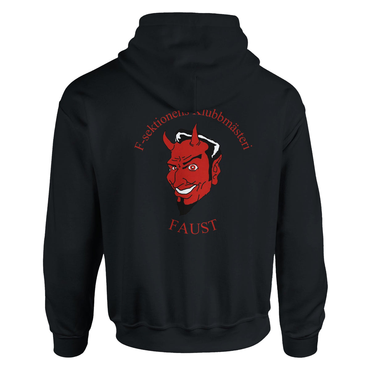 Svart huvtröja med huva och framtryck med röd figur samt texten FAUST