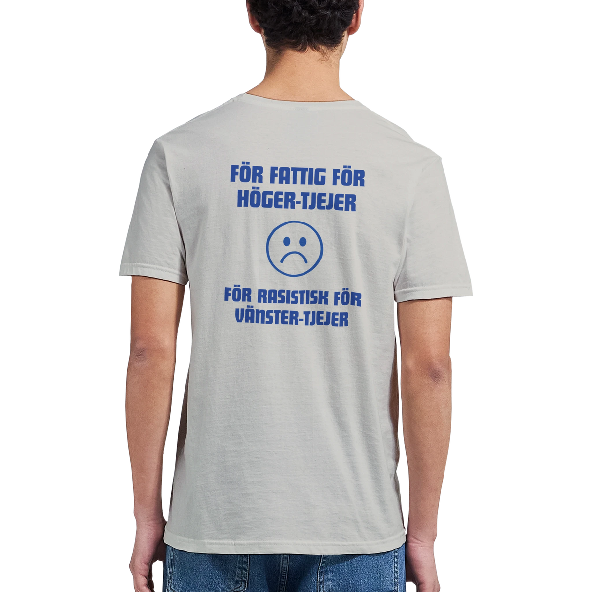 Ljusgrå t-shirt med ryggtryck i blå text och ikon
