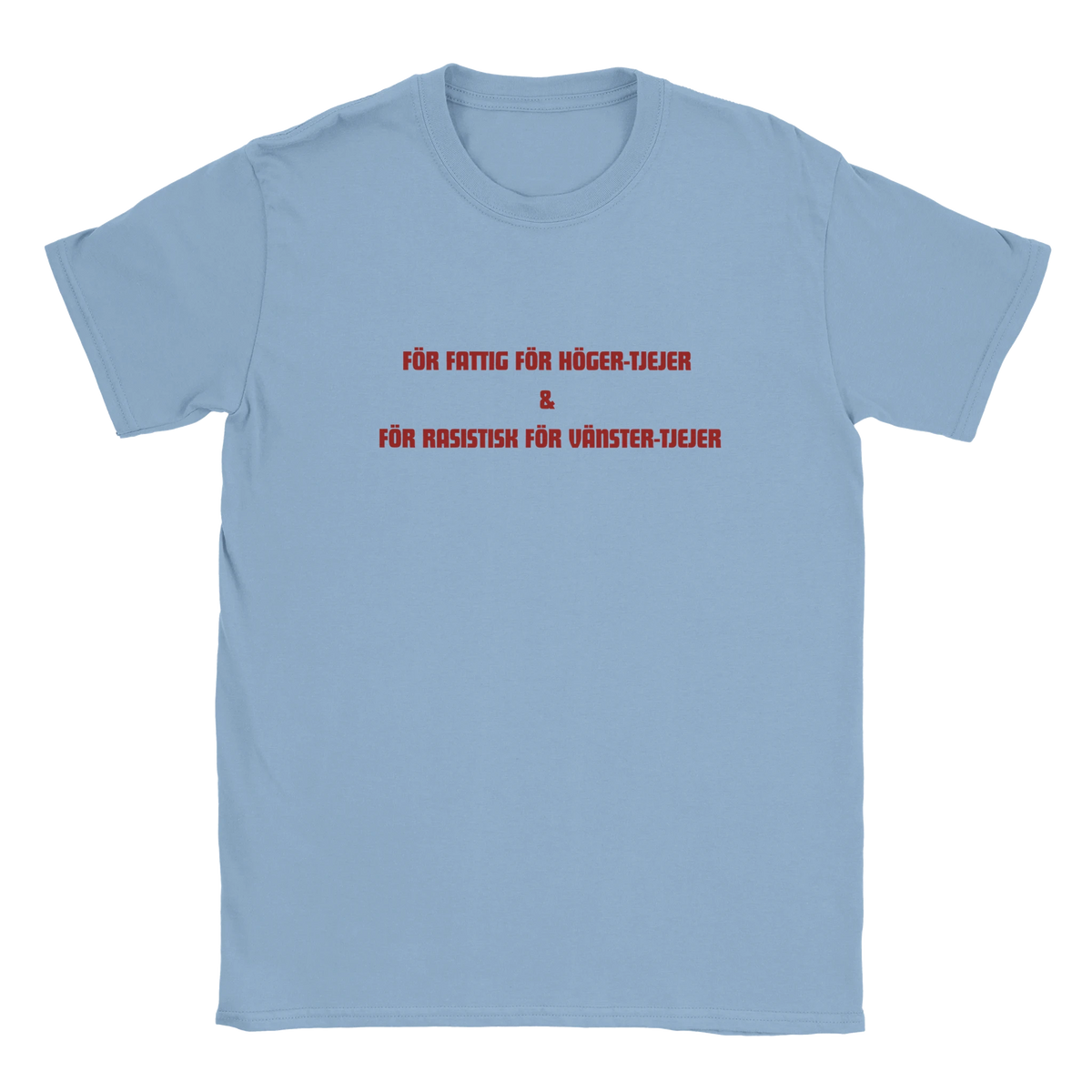 Ljusblå t-shirt med rött tryck framtill och rund hals