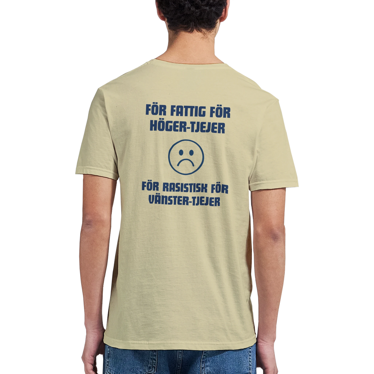 Beige t-shirt med ryggtryck i blå text och ikon