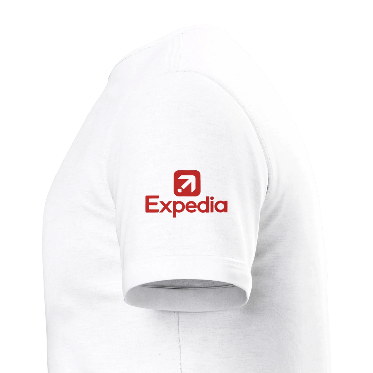 Vit t-shirt med Expedia-logo på ryggen