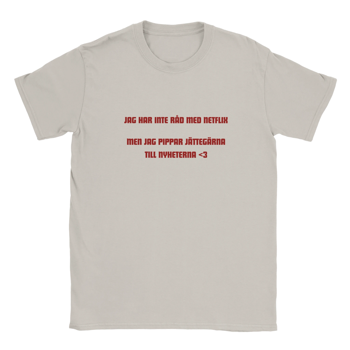 Ljusgrå t-shirt med rund hals och röd trycktext fram
