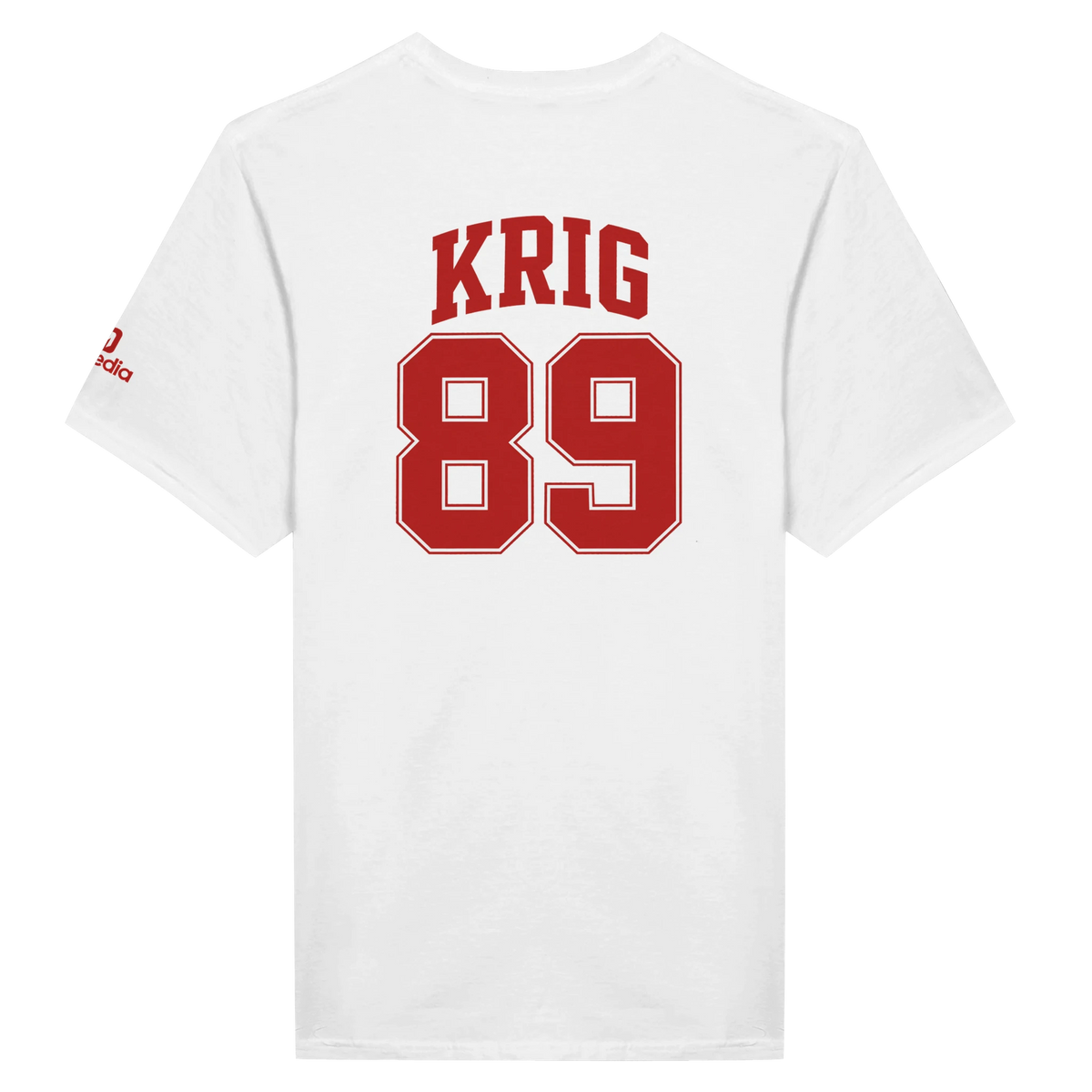 Vit t-shirt med ryggtryck: KRIG 89 i rött.