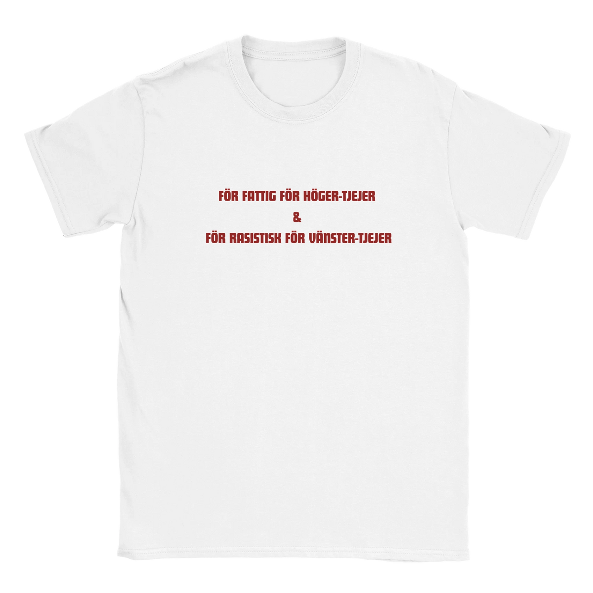 Vit t-shirt med rött tryck framtill och rund hals