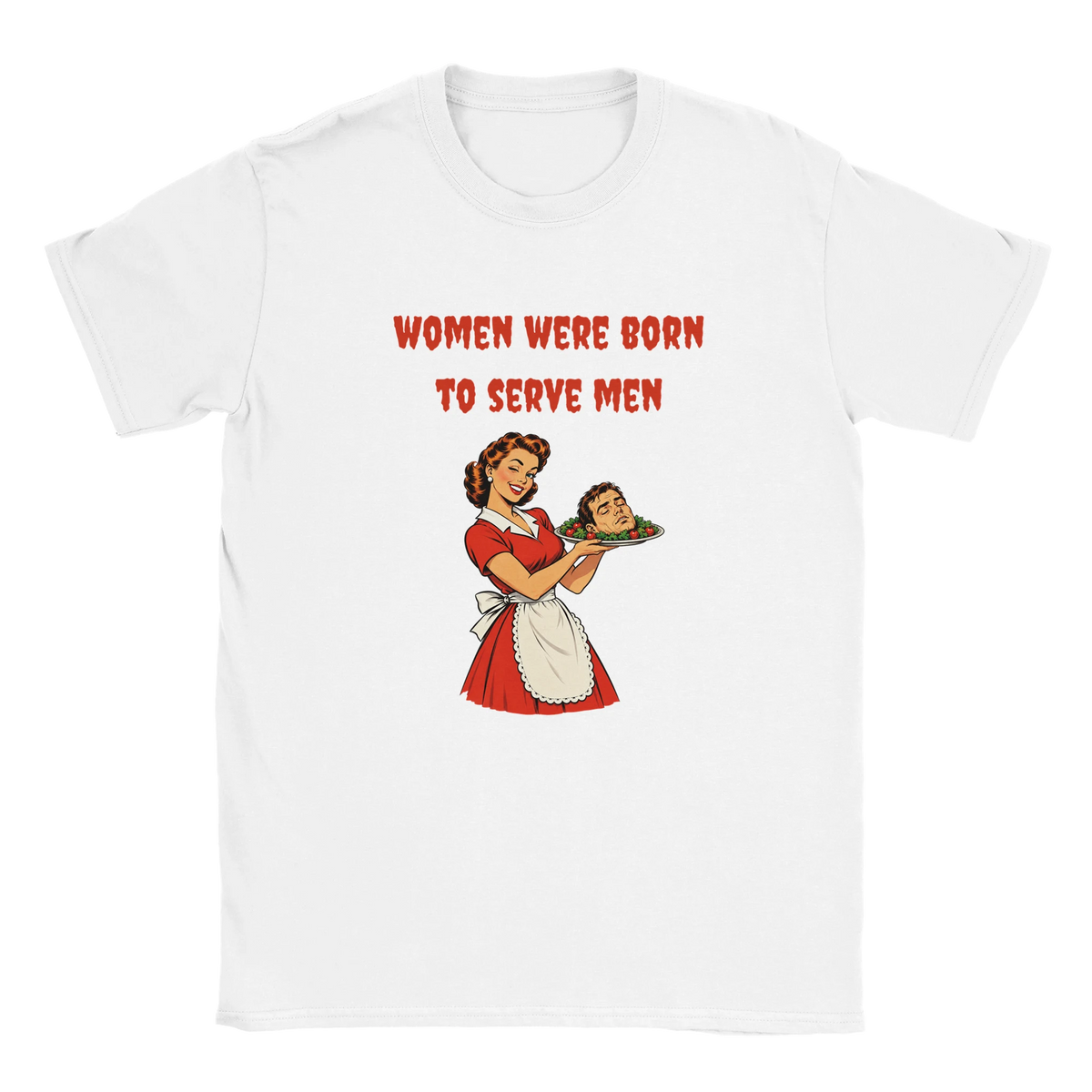 Vit dam t-shirt med röd text och illustration på framsidan