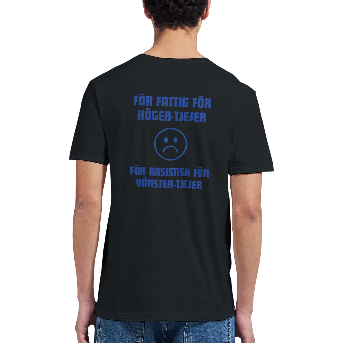 Svart t-shirt med ryggtryck i blå text och ikon