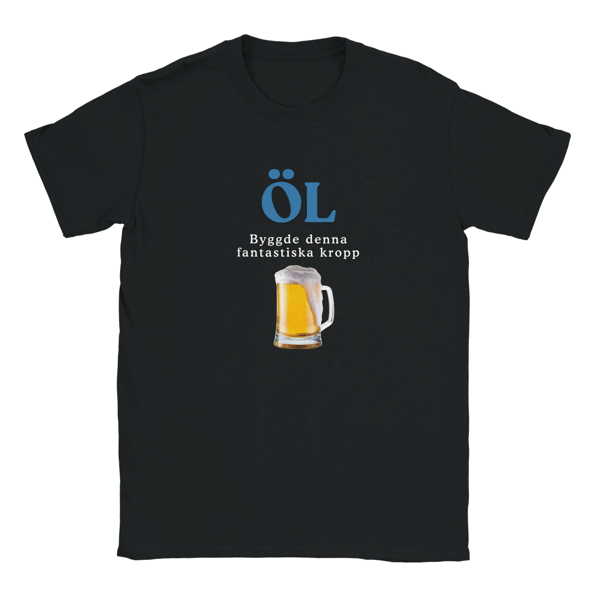 Svart t-shirt med blå text och ölglas i tryck, rund hals och korta ärmar