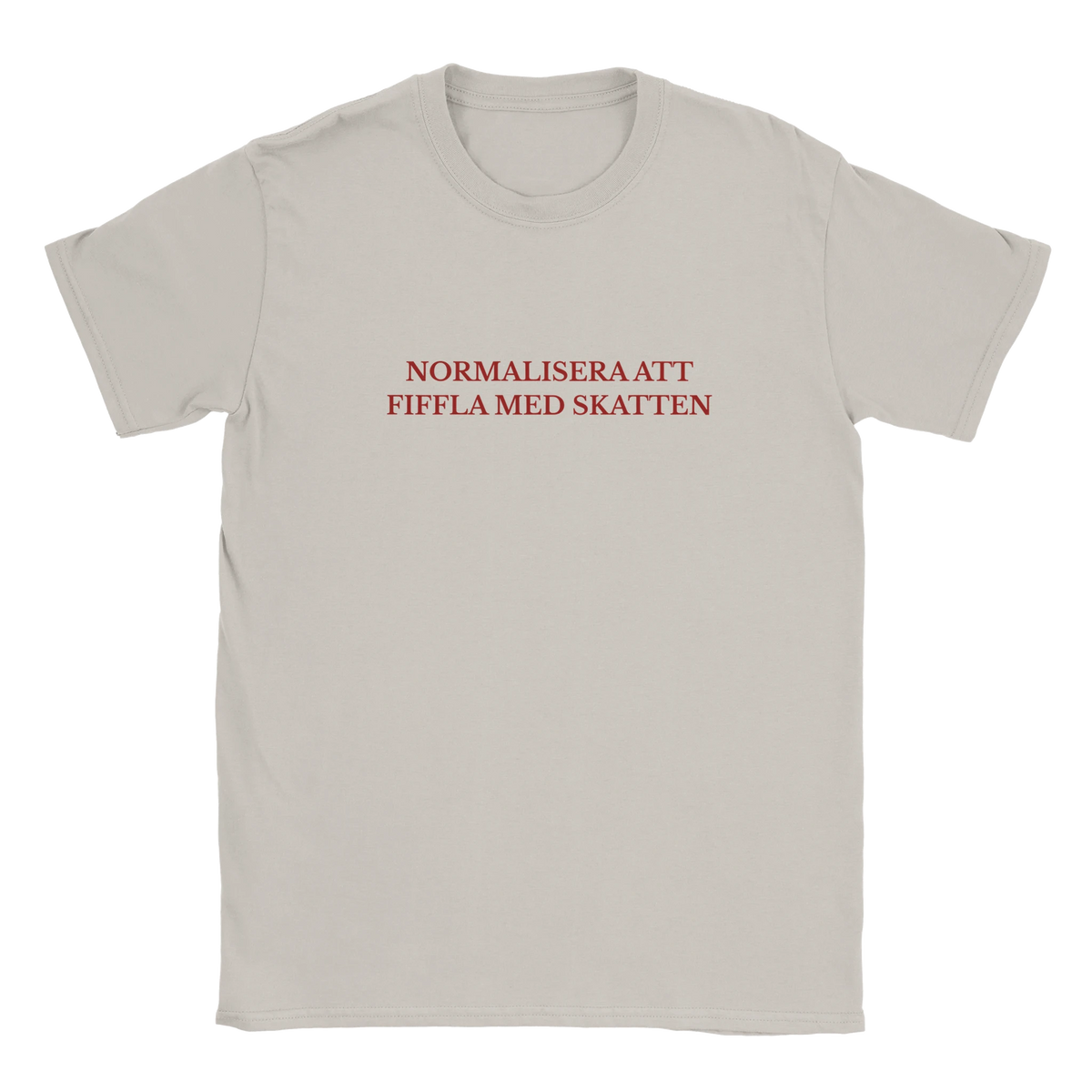 Ljusgrå t-shirt med rund halsringning och röd texttryck framtill