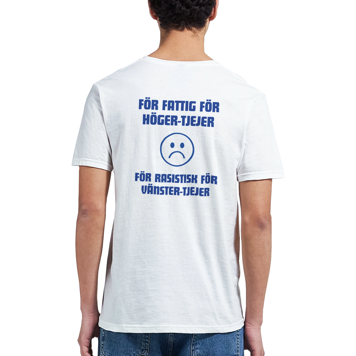 Vit t-shirt med ryggtryck i blå text och ikon