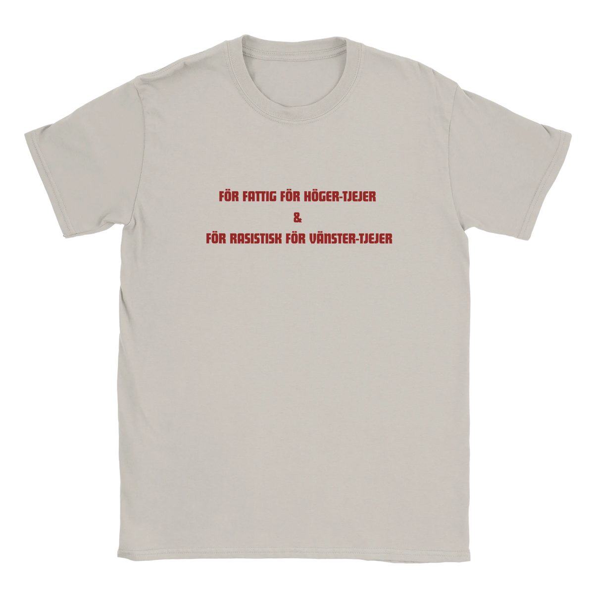 Naturfärgad t-shirt med rött tryck framtill och rund hals